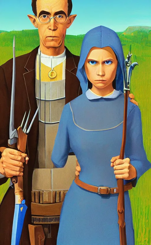 Image similar to american gothic by grant wood in the style of Legend of Zelda: Breath of the wild