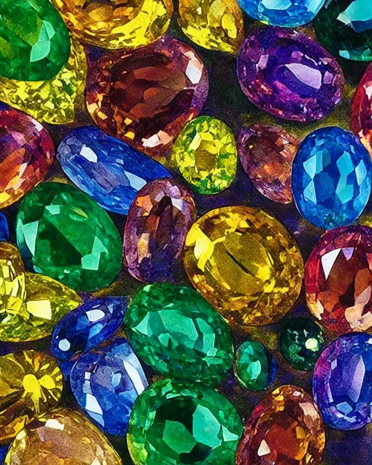 Image similar to “extreme close up print of multi-colored gemstones by Raphael, Hopper, and Rene Magritte.”