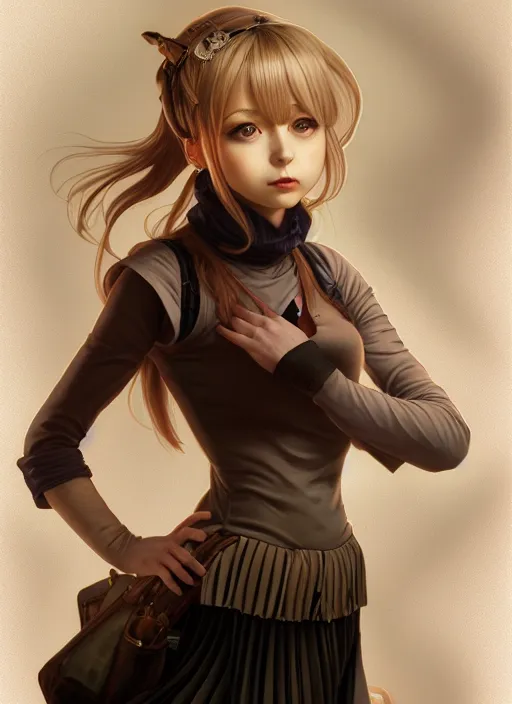 Image similar to portrait of a full body of beautiful young female detective, d & d, sleeveless turtleneck, pleated skirt, fantasy, flat lighting, intricate, highly detailed, digital painting, artstation, concept art, smooth, sharp focus, illustration, misa amane, art by simon bisley and greg rutkowski and alphonse mucha, natural tpose