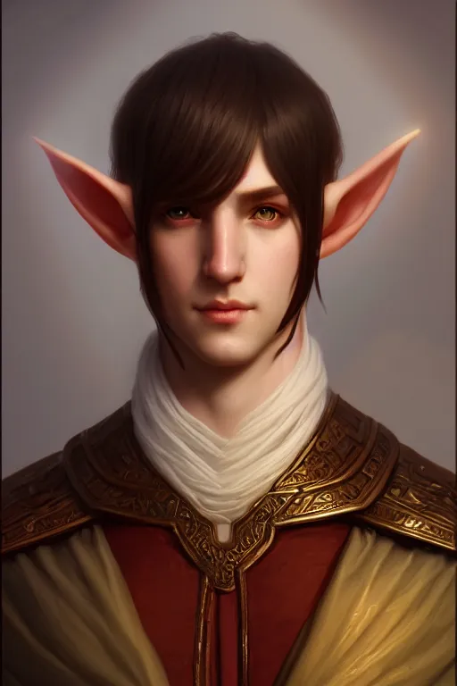 Prompt: a portrait of male Elf, illustration, soft lighting, soft details, painting oil on canvas by Edmund Blair Leighton and Charlie Bowater octane render trending on artstation d&d characters, 4k, 8k, HD