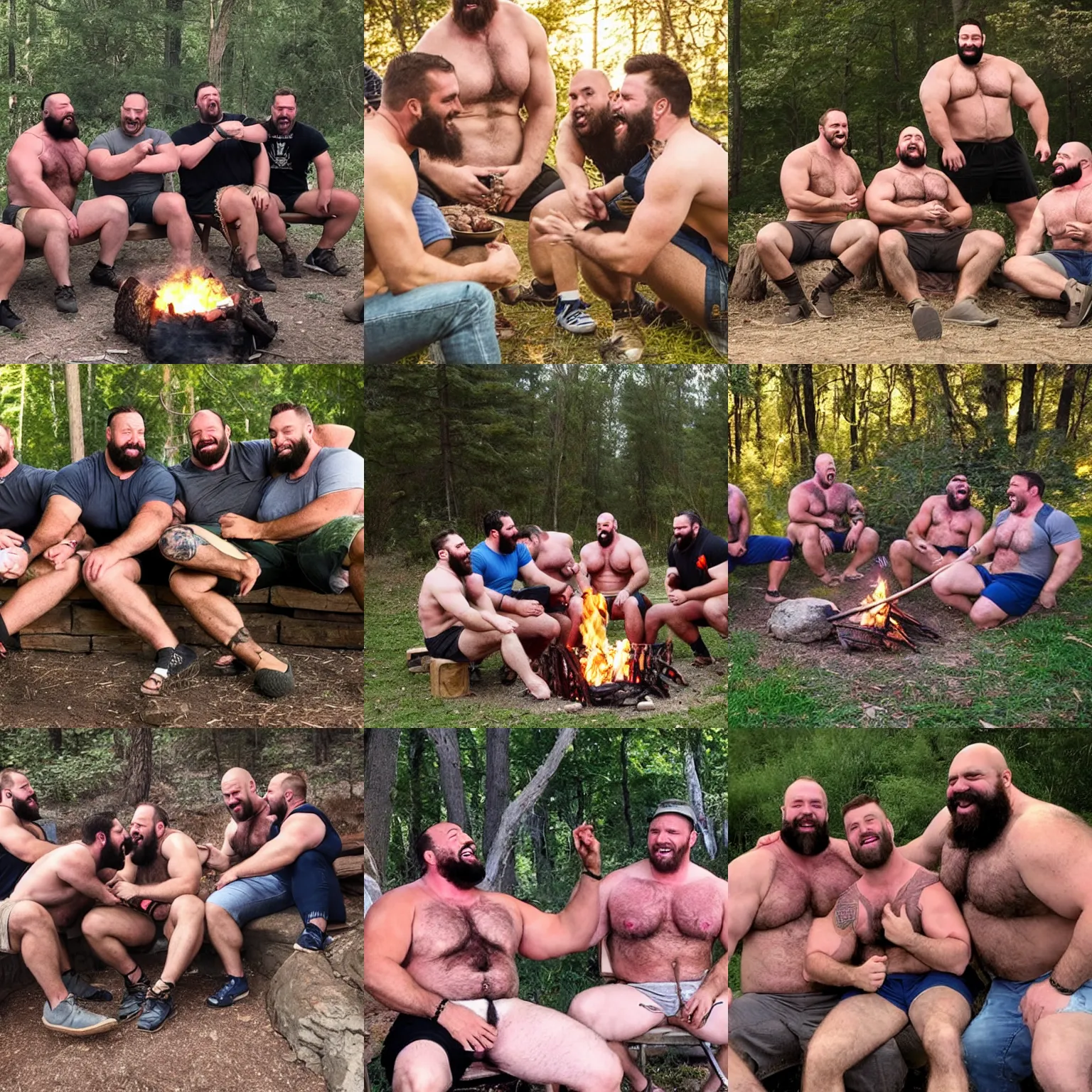 Prompt: a bunch of hairy burly gay strongman dads sitting around a campfire and laughing together, some kissing, some hugging, all shirtess in shorts.