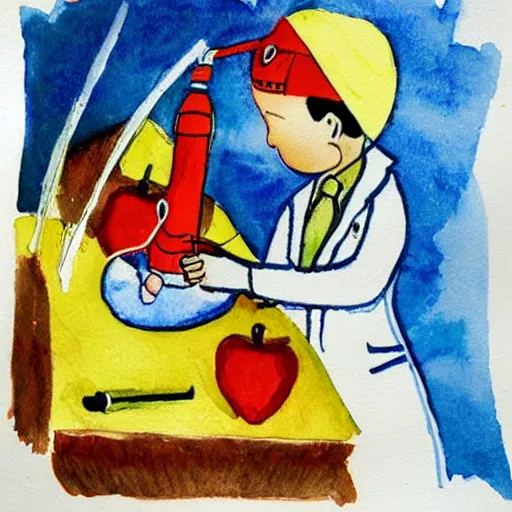 Image similar to a doctor performing surgery on a rocket, watercolor by eric carle, traced by pencil, high detail, peaceful mood