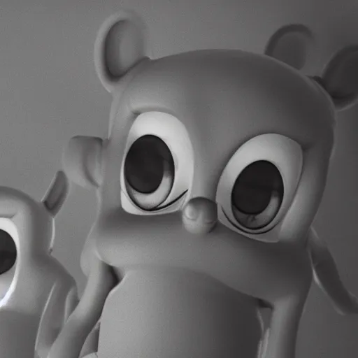 Image similar to black and white creepy Teletubbies with wide open human realistic eyes with red veins, highly detailed, sharp focus, octane render, cosmic horror, surrealistic