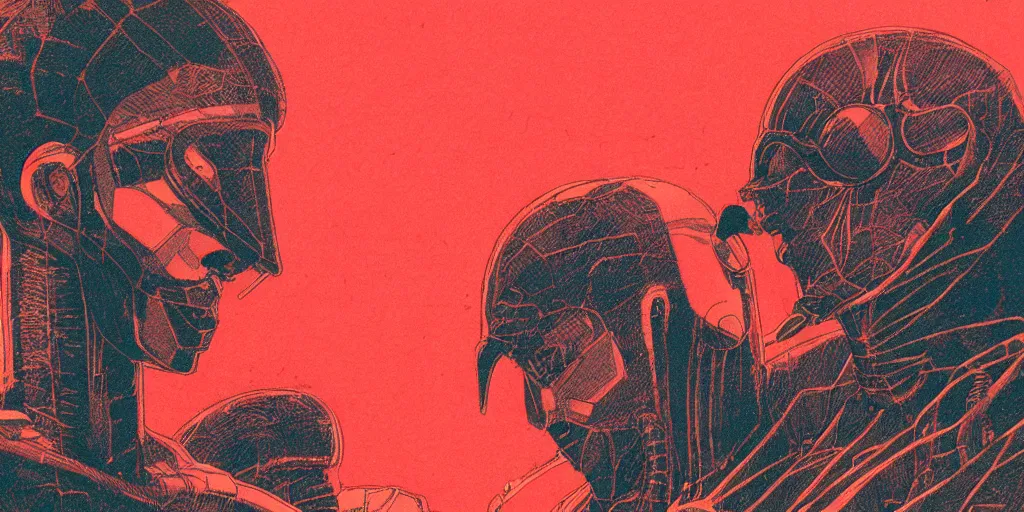 Prompt: risograph grainy drawing vintage sci - fi, antagonist, satoshi kon color palette, giant armored titan, painting by moebius and satoshi kon and dirk dzimirsky close - up portrait