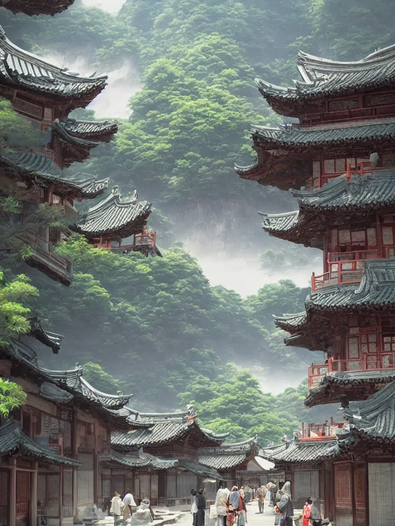 Image similar to Tea houses in ancient China are full of traffic，Epic image quality，Makoto Shinkai style