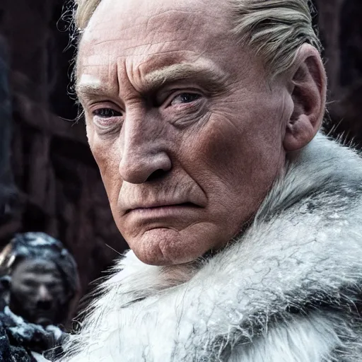 Image similar to donald trump as tywin lannister in game of thrones, 4 k, epic, cinematic, focus, movie still, fantasy, serious, extreme detail, atmospheric, dark colour, sharp focus