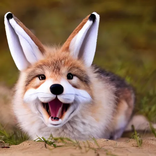 Image similar to a photorealistic adorable chubby charming but vicious fennic fox wolf rabbit hybrid, with long floppy rabbit ears, wearing bows on the top of its head, grinning at the camera with a mischievous look, sharp teeth, happy lighting, at a tropical beach