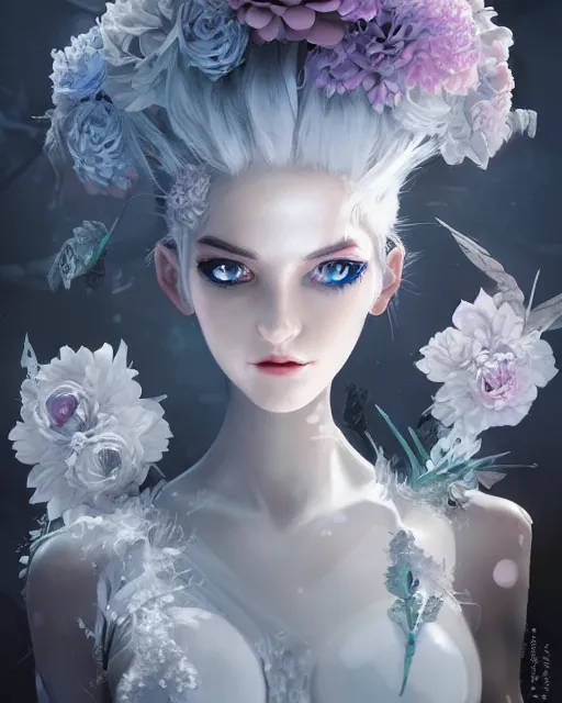 Image similar to cyborg girl with white hair, elegant, flower decorations, dreamy, illustration, atmosphere, top lighting, blue eyes, focused, artstation, highly detailed, art by yuhong ding and chengwei pan and serafleur and ina wong