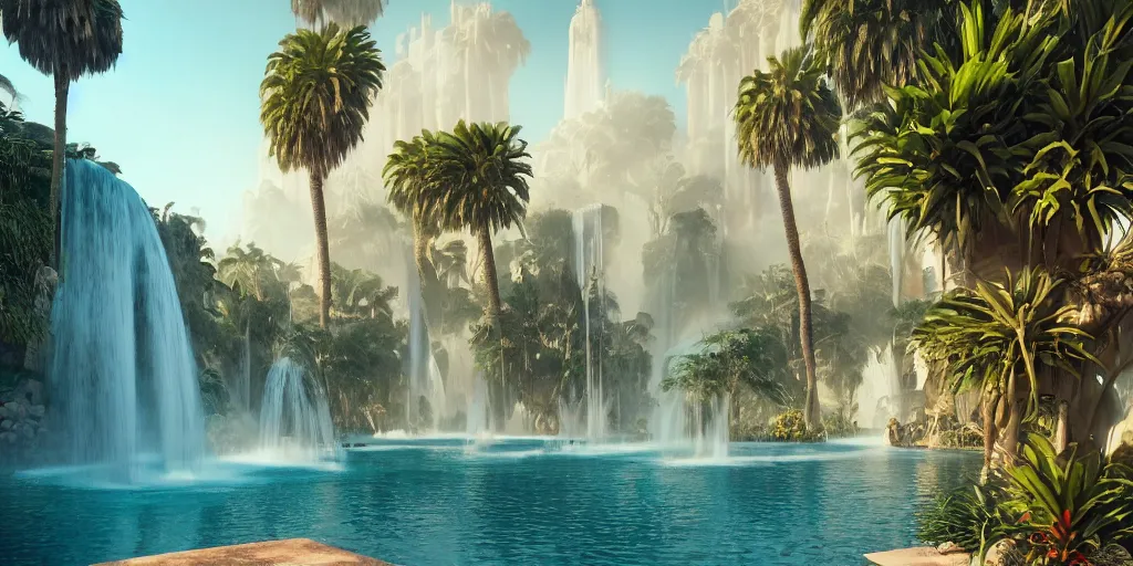 Image similar to beautiful oasis waterfalls surrounded by palm trees, Moroccan tile archways, date trees, ivory towers, sun setting, ross tran, nephilim, pyroclastic flow, ethereal, fantasy, James Jean, oozium, peter morbacher, angelarium, alchemy, luxury, heavenly light, Soft illumination, Trending on artstation, Cinematic Lighting, digital painting, octane render, artgerm