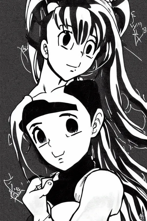 Image similar to Ariana Grande black and white manga sketch in the style of Akira Toriyama, Kentaro Miura, Bernie Wrightson