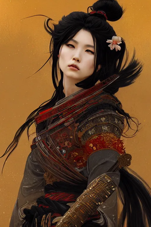 Prompt: portrait black hair samurai warrior girl, in ruin fire rainy honnoji temple night, ssci - fi and fantasy, intricate and very very beautiful and elegant, highly detailed, digital painting, artstation, concept art, smooth and sharp focus, illustration, art by tian zi and wlop and alphonse mucha