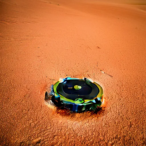 Image similar to peaceful Roomba for monitoring the australian desert, XF IQ4, 150MP, 50mm, F1.4, ISO 200, 1/160s, dawn, golden ratio, rule of thirds