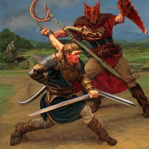 Prompt: martin the warrior battling Asmodeus the serpent by James Gurney