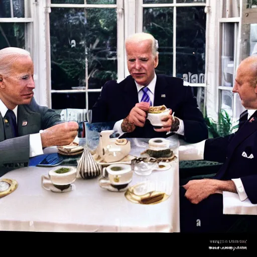 Image similar to joe biden sitting with saddam hussein they are both drinking tea photorealistic professional photograph