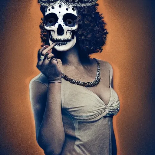 Image similar to full body potrait of a woman. woman is wearing a crown made of cigarettes. Woman is wearing a skull mask. Smoke effects forms question mark. Digital painting. Art station. Mood lighting. - h 1200