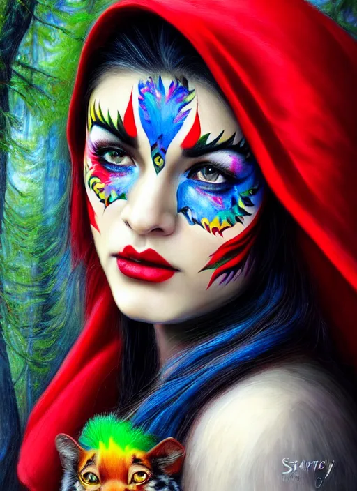 Prompt: photo of a gorgeous Beautiful face Portrait of Little Red Riding Hood with a rainbow panther, face painting, woman in the style of stefan kostic, wild, realistic, sharp focus, 8k high definition, insanely detailed, intricate, elegant, art by stanley lau and artgerm