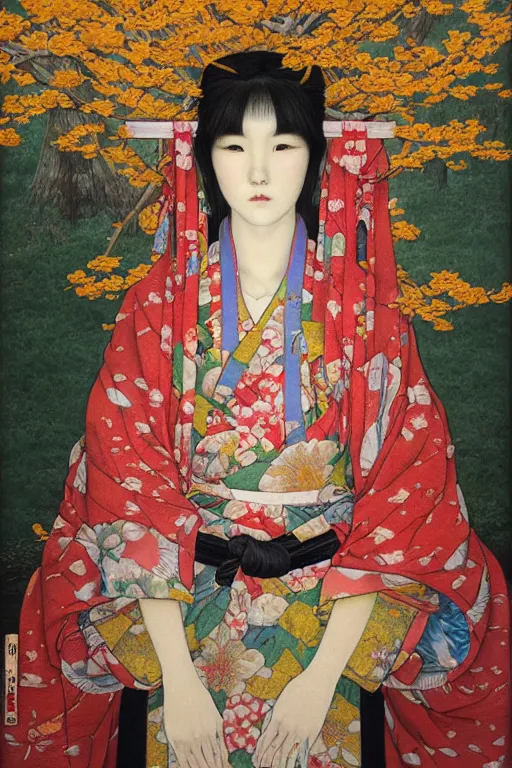 Prompt: beautiful oil painting of a shrine maiden by chie yoshii, full body portrait, sakura forest, symmetrical face, dramatic lighting
