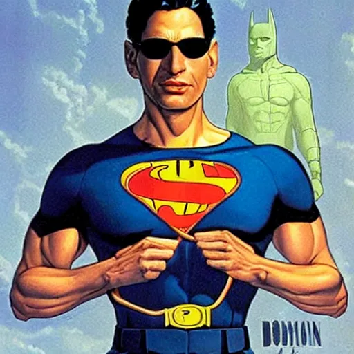 Image similar to young jeff goldblum as bruce wayne, muscular, batman t shirt, joe jusko, boris vallejo