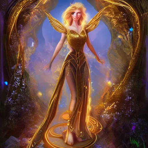 Image similar to an elven woman offering golden glitter magic that is floating into a gateway to the dream dimension, fantasy, art station, artgerm