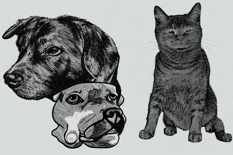 Image similar to in the style of neurographic drawing of a dog and cat