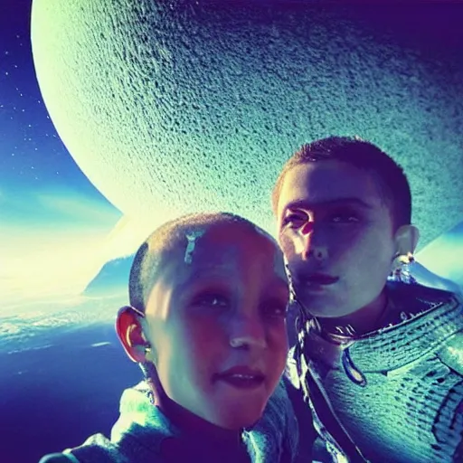 Image similar to “ our humanoid descendants in the year 2 2 0 0 taking a selfie on their sci - fi planet, award - winning details ”