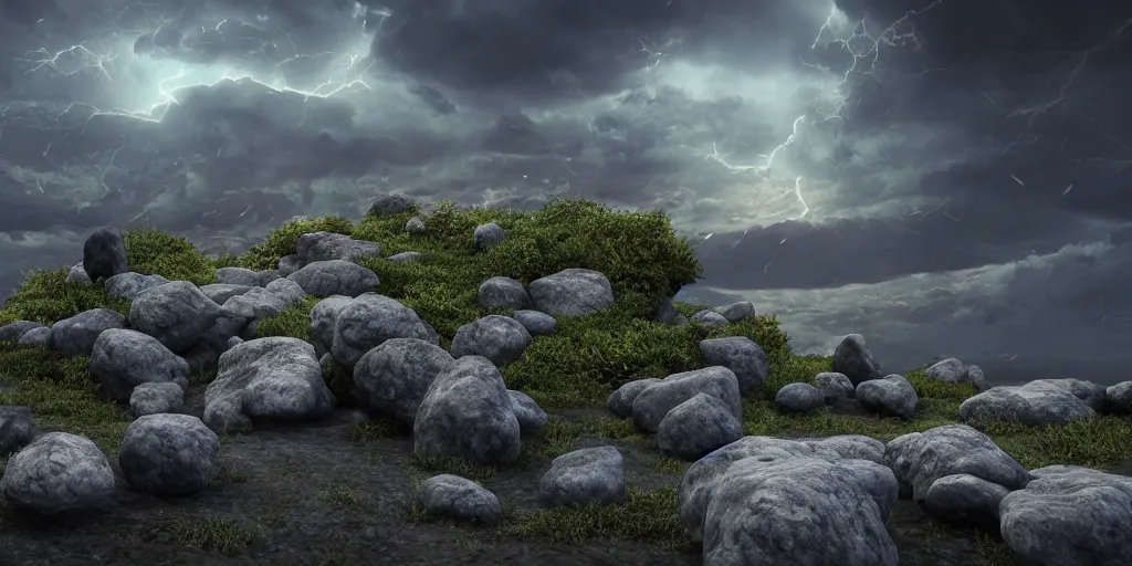 Image similar to Photorealistic epic landscape with magically floating rocks, with ominous storm clouds, strange levitating stones, a gentle rising mist. photorealism, UHD, amazing depth, glowing, golden ratio, 3D octane cycle unreal engine 5, volumetric lighting, cinematic lighting, cgstation artstation concept art