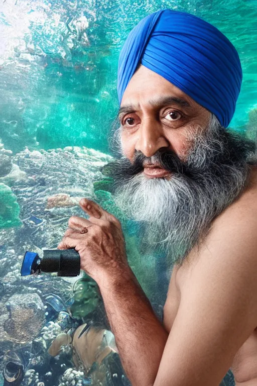 Prompt: Kodak portra 160, 8K, highly detailed, portrait: famous old indian sikh actor in low budget movie remake, underwater scene