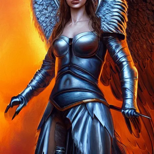 Image similar to portrait of Natalie Portman as a young aasimar angel valkyrie warrior girl maiden wearing comfy leather armor with beautiful feathered angel wings, blue eyes, beautiful face, Emily Ratajkowski, innocent, intricate, elegant, highly detailed, ultradetailed, hyperdetailed, artstation, concept art, smooth, sharp focus, illustration, art by artgerm and greg rutkowski and Rossdraws and Bluesssatan and Mandy Jurgens and alphonse mucha