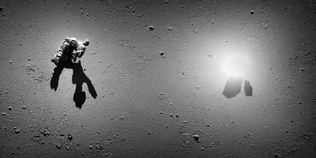 Image similar to closeup black and white photo from the surface of the moon with an astronaut on it, cinematic film still, glowing landing lights on spaceship, stars and space in the background,