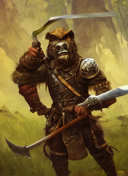 Image similar to photorealistic bugbear ranger holding sword on fire, magic, black beard, dungeons and dragons, pathfinder, roleplaying game art, hunters gear, jeweled ornate leather and steel armour, concept art, character design on white background, by sargent, norman rockwell, makoto shinkai, kim jung giu, artstation trending, poster art, colours red