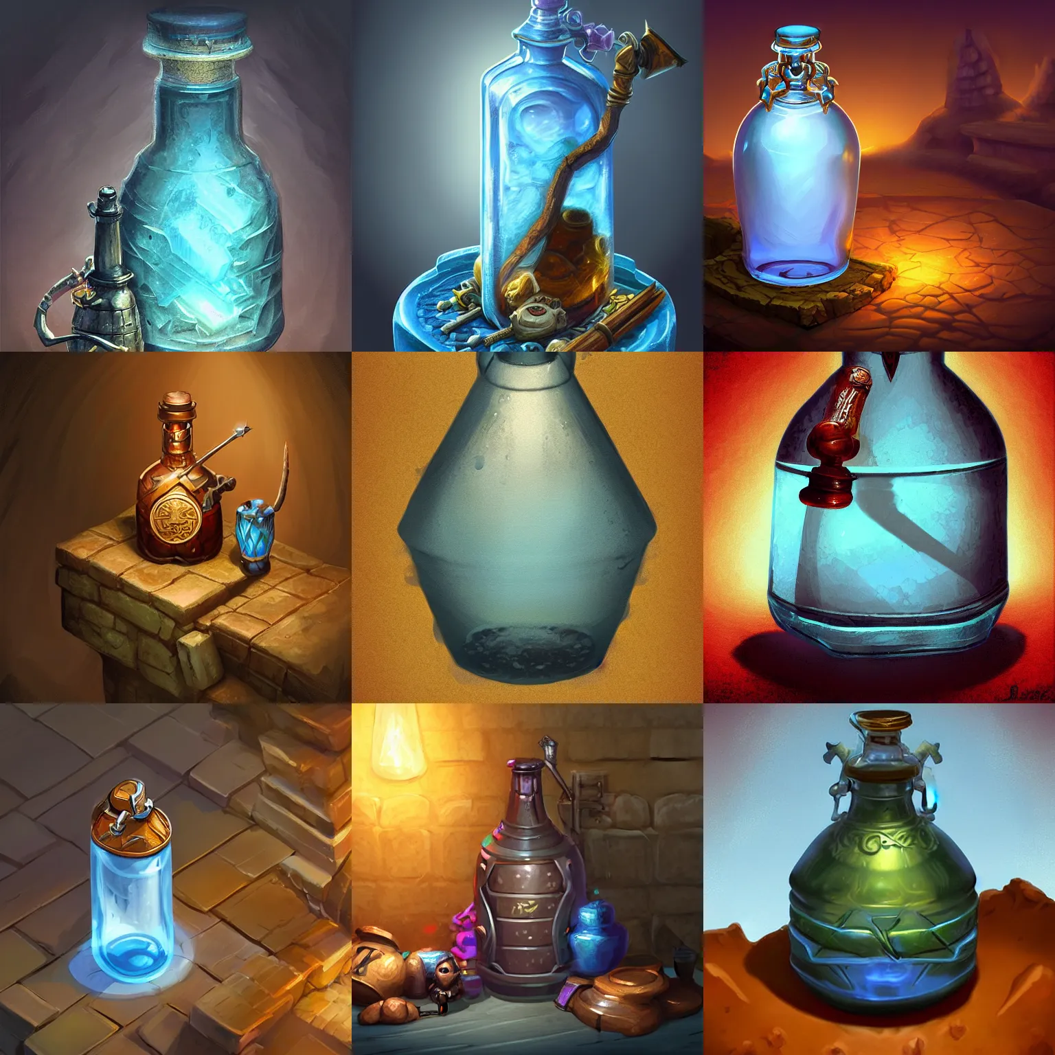 Prompt: a digital painting of an isometric medieval fantasy potion bottle by justin gerard, paul bonner, dark background, 2 d game art, isometric, highly detailed, pale blue backlight, digital art, artstation hd