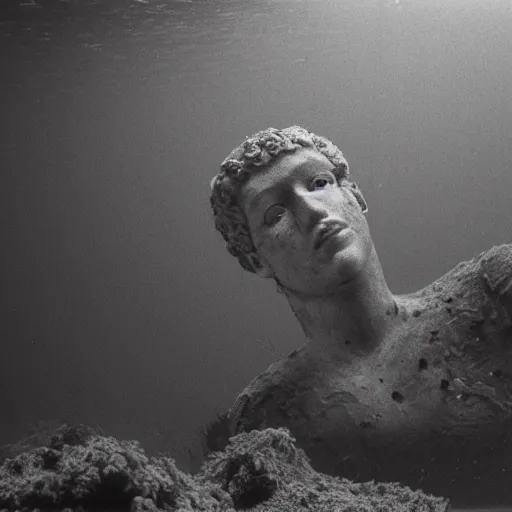 Prompt: Award-winning photograph by Cindy Sherman. The photo depicts a decaying roman bust of Mark Zuckerberg overgrown with moss at the bottom of the sea in the middle of ruins of civilization. Far shot. Minimalism, high definition, perfect composition. Deep sea picture. Very dark. Volumetric Lighting. Fish. Darkness. Ruins. Far Shot