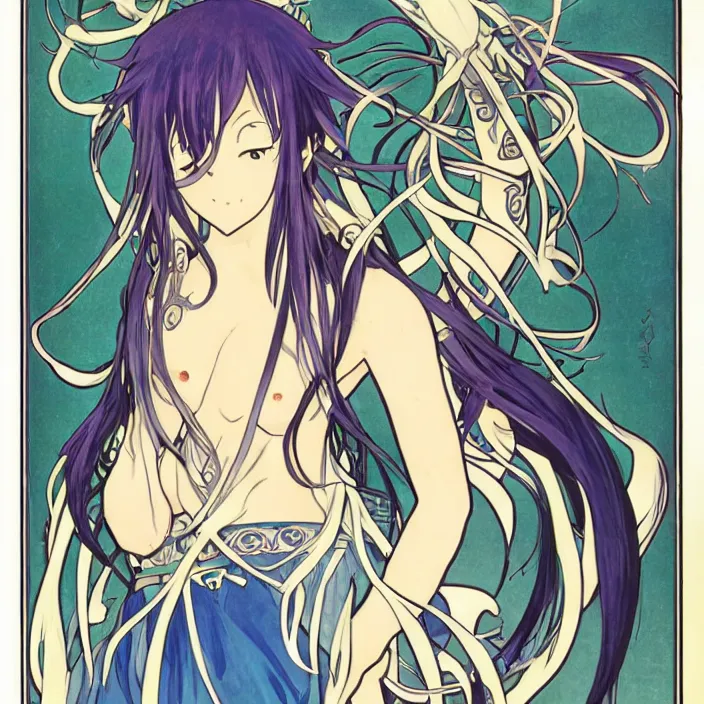 Image similar to portrait of rimuru tempest from that time i got reincarnated as a slime. art by alphonse mucha