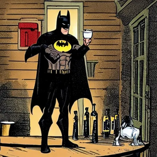 Image similar to batman pouring a pint for a horse