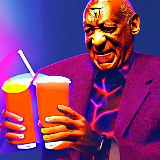 Prompt: Bill Cosby offering large glowing drink in nightclub background, colorful 16k hyper realistic illustration