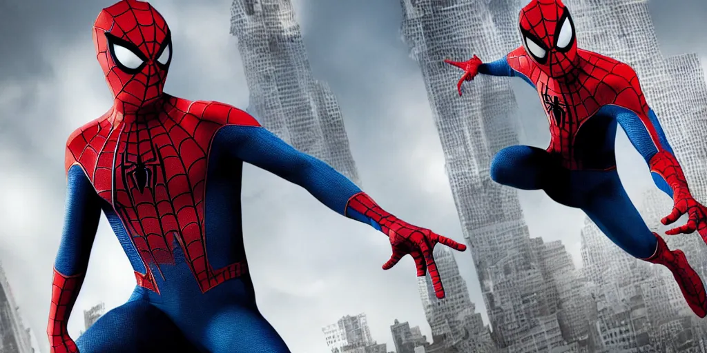 Image similar to Tobey Maguire Spider-Man costume, the style of Sam Raimi, 2004, silver webbing on costume, movie poster, MCU, Marvel, ultra realistic, 4K, movie still, UHD, sharp, detailed, cinematic, render, modern