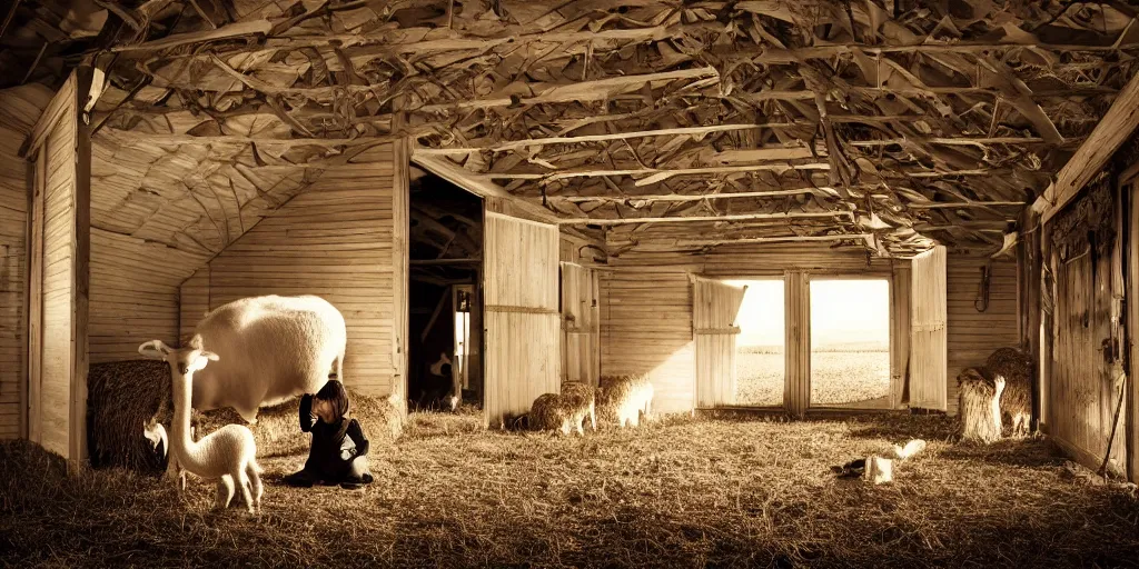 Image similar to insanely detailed wide angle photograph, atmospheric, girl nursing a lamb in a barn, horror, night, shadows, secluded, evil eyes, hay, a cow, windows