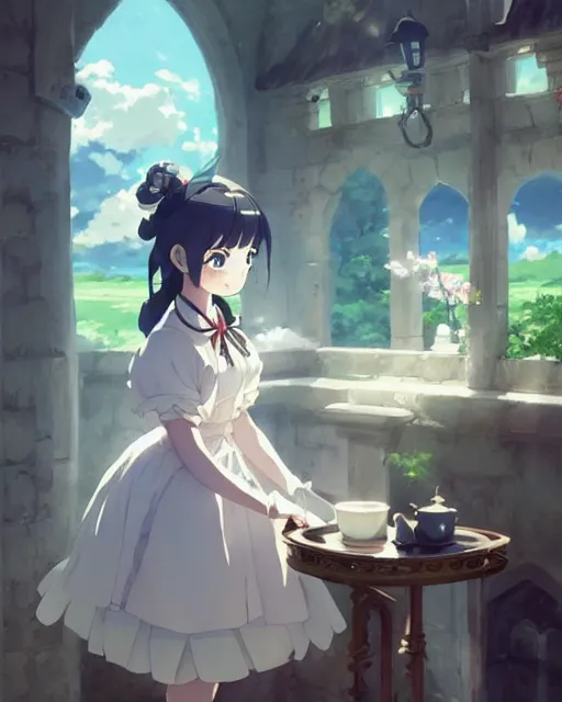 Prompt: cute - fine - face, pretty face, key visual, anime key visual concept art of anime maid pouring tea gracefully, medieval european style noble manor interior, trending on artstation, brush strokes, oil on canvas, style of kawacy and makoto shinkai and greg rutkowski and studio ghibli