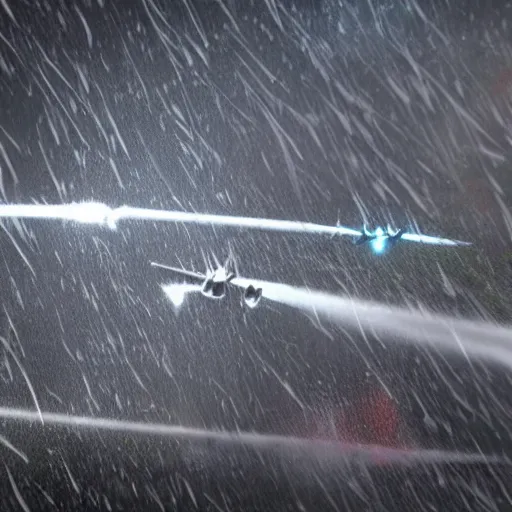 Prompt: 4 jets fly in the rain realistic award winning, trending on artstation, unreal engine