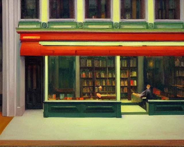 Prompt: inside a gloomy bookstore at night looking out the window near bookshelves in the style of Edward Hopper