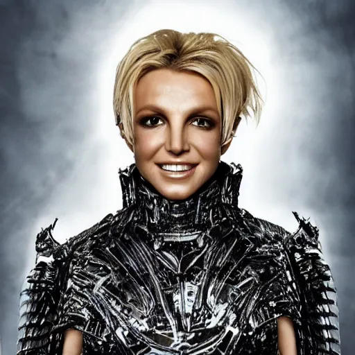 Image similar to professional head shot of britney spears wearing futuristic armor in a foggy and burning ruined white house room full of debris, 8 k, very intricate, very detailed,