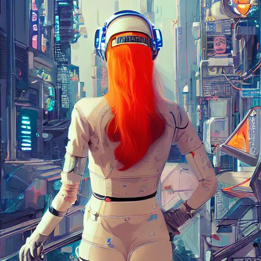 Image similar to a woman with orange hair and a white helmet, cyberpunk art by james jean, featured on cgsociety, retrofuturism, futuristic, dystopian art, ilya kuvshinov