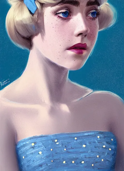 Image similar to portrait of kiernan shipka with freckles, white hair, big 1 9 6 0 s bob hairstyle with bangs and hairband, blue 1 9 6 0 s dress, intricate, elegant, glowing lights, highly detailed, digital painting, artstation, concept art, smooth, sharp focus, illustration, art by wlop, mars ravelo and greg rutkowski