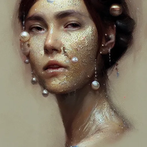 Image similar to a woman with pearls replacing eyes and glittering skin, a detailed painting by greg rutkowski and raymond swanland, featured on cgsociety, fantasy art, detailed painting, artstation hd, photorealistic