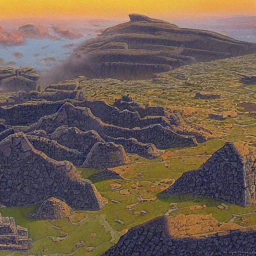 Prompt: an oblique aerial view of a fantasy city inside a volcanic caldera. the buildings are made of basalt and granite blocks. the caldera is surrounded by shrubland. painting by ted nasmith, earl norem, bob larkin.