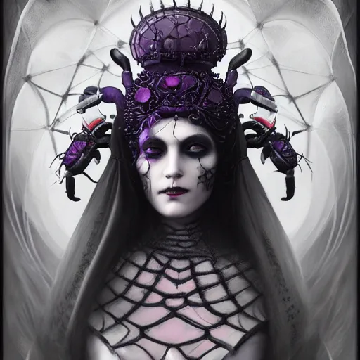 Prompt: tom bagshaw, soft painting fractal curiosities carnival, single beautiful spider queen facing camera in full nightshade gothic armor, accurate features, focus, very intricate ultrafine details, black white purple volumetric clouds, award winning masterpiece, octane render 8 k hd
