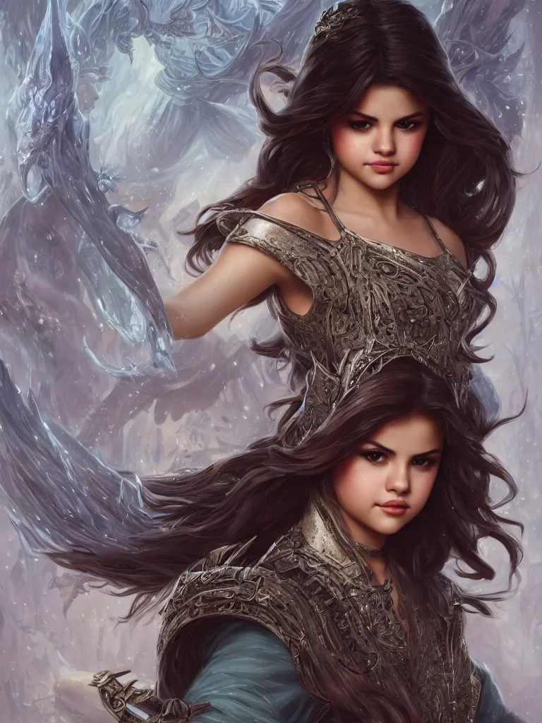 Image similar to Selena Gomez casting an frost spell, D&D, fantasy, intricate, elegant, highly detailed, digital painting, artstation, concept art, matte, sharp focus, illustration, hearthstone, art by Artgerm and Greg Rutkowski and Alphonse Mucha