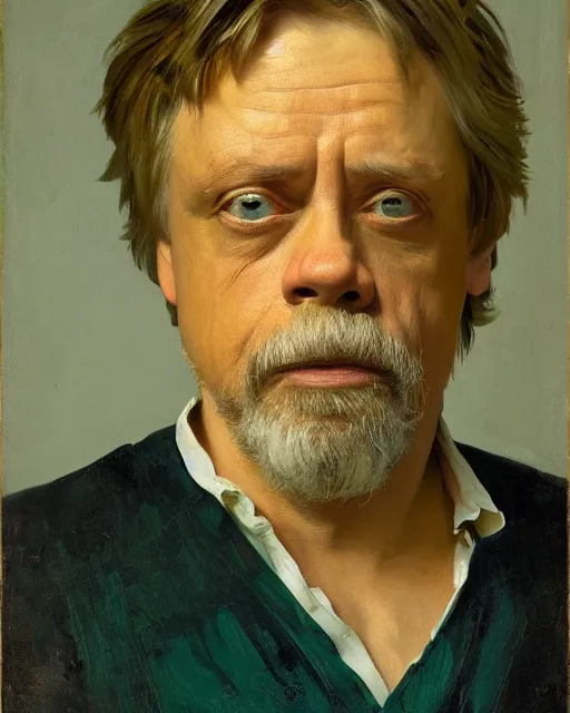 Image similar to painterly portrait, mark hamill, impasto, fantasy, chuck close:7, carl spitzweg:7, cinematic light, full face, symmetrical face