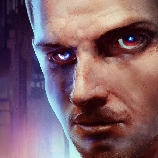 Image similar to cyberpunk, armitage, closeup portrait of a stoic ex soldier with a battlescar and light blue eyes, brown buzzcut, cyborg, dramatic light, city background, sunset, dystopian setting, high contrast, sharp, neuromancer, painted by stanley lau, painted by greg rutkowski, painted by stanley artgerm, digital art, trending on artstation