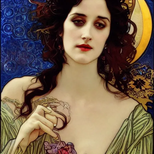 Image similar to eva green portrait by louis - theophile hingre and alphonse mucha, realistic, sharp focus, zodiac signs, tarot cards, planets, ethereal, art nouveau, magic, moon, sun, crown, dreamy, royal, jewellery